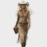 Western Fringe Midi Dress with Belted Waist