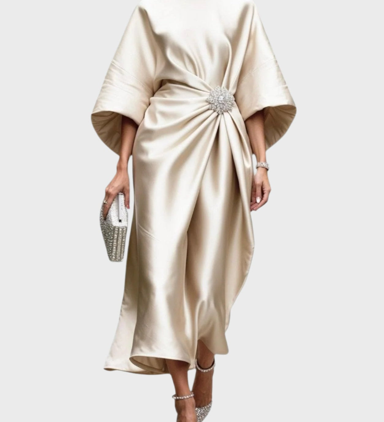 Satin Dress with Side Pleat and Decorative Buckle