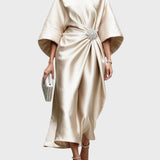 Satin Dress with Side Pleat and Decorative Buckle