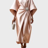 Satin Dress with Side Pleat and Decorative Buckle