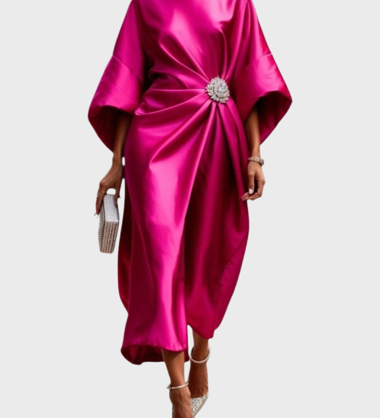 Satin Dress with Side Pleat and Decorative Buckle