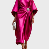 Satin Dress with Side Pleat and Decorative Buckle