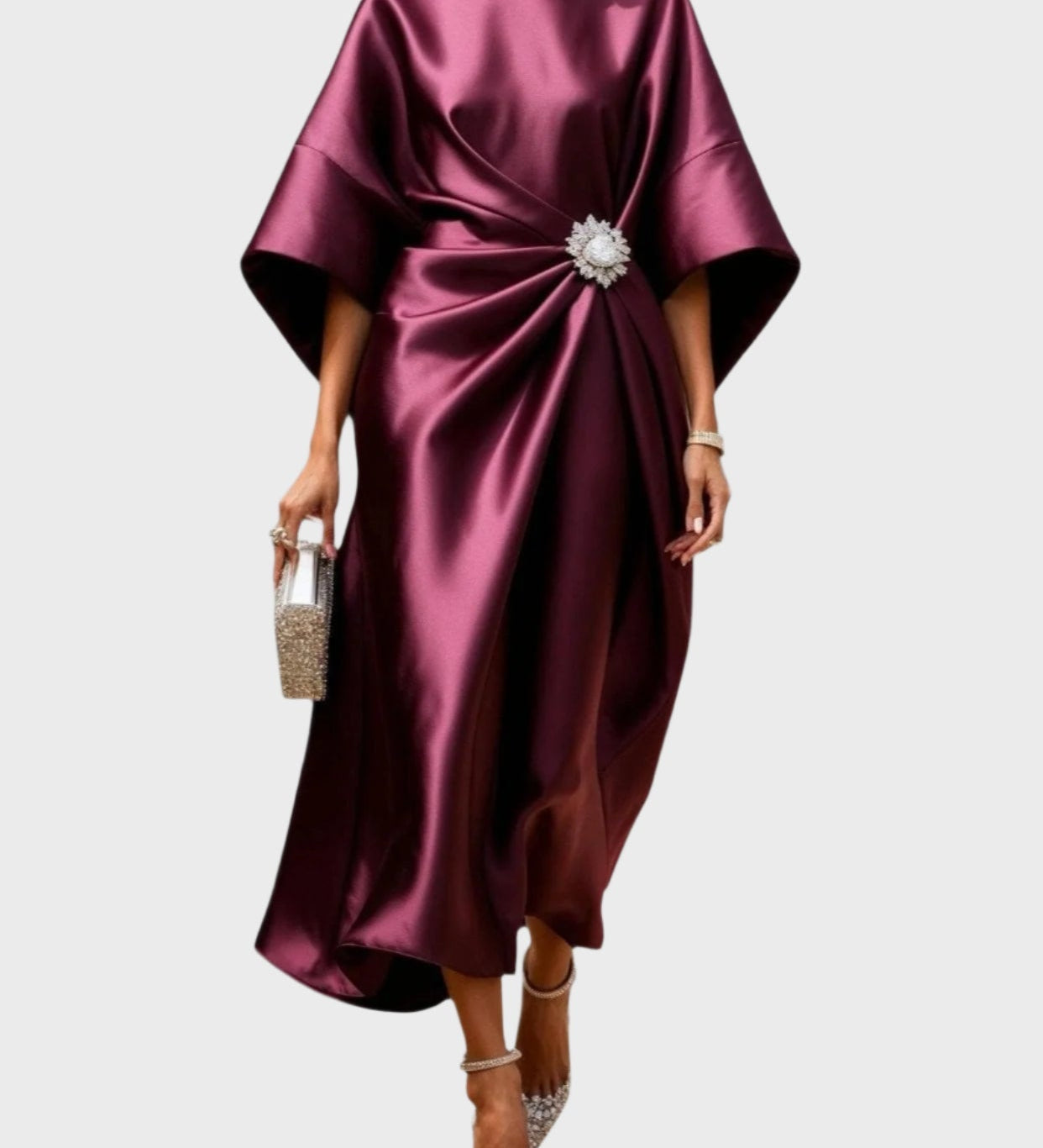Satin Dress with Side Pleat and Decorative Buckle
