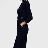 Refined black dress with belt and mandarin collar