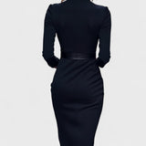 Refined black dress with belt and mandarin collar