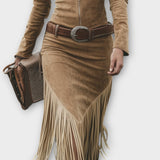 Western Fringe Midi Dress with Belted Waist