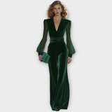 Velvet Wide-Leg Jumpsuit with Sheer Sleeves