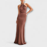 Long Dress with Neck Tie and Satin Texture