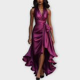 Satin Halter Gown with Draped Waist Tie