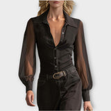 Sheer Sleeve Button-Front Maxi Dress