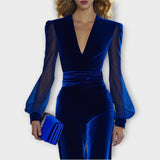 Velvet Wide-Leg Jumpsuit with Sheer Sleeves