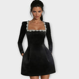 Crystal-Embellished Square Neck Mini Dress