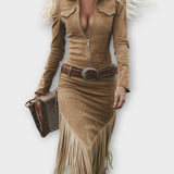 Western Fringe Midi Dress with Belted Waist