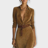 Elegant Belted Suede Maxi Dress