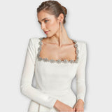 Crystal-Embellished Square Neck Mini Dress