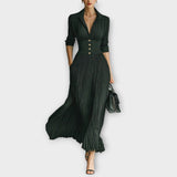 Elegant Pleated Lapel Waisted Long-sleeved Maxi Dress