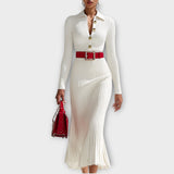 Elegant Ribbed Knit Midi Dress with Gold Button Detail