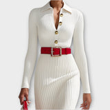 Elegant Ribbed Knit Midi Dress with Gold Button Detail