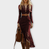 Vintage Bohemian Lace Long Sleeve Midi Dress