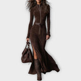 Vintage Brown Zipper Belted Maxi Dress