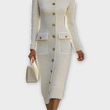 Elegant Button-Front Tweed Midi Dress