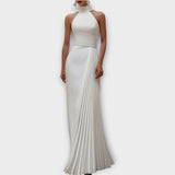 Elegant Satin Pleated Halter-Neck Evening Gown