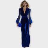Velvet Wide-Leg Jumpsuit with Sheer Sleeves