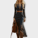 Vintage Bohemian Lace Long Sleeve Midi Dress