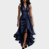 Satin Halter Gown with Draped Waist Tie