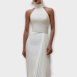 Elegant Satin Pleated Halter-Neck Evening Gown