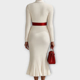 Elegant Ribbed Knit Midi Dress with Gold Button Detail