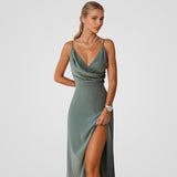 Long Satin Dress with Split and Thin Straps