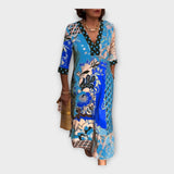 Multicoloured Dress with Buttons and 3/4 Sleeves