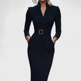 Refined black dress with belt and mandarin collar