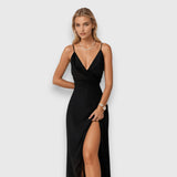 Long Satin Dress with Split and Thin Straps